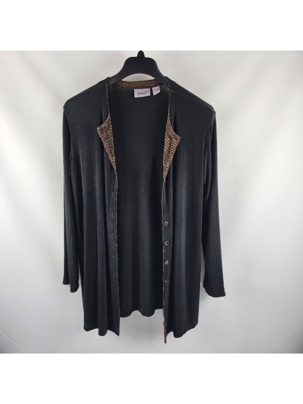 Chicos Travelers Sweater Womens Large Black Multi Front Cardigan Button Up
